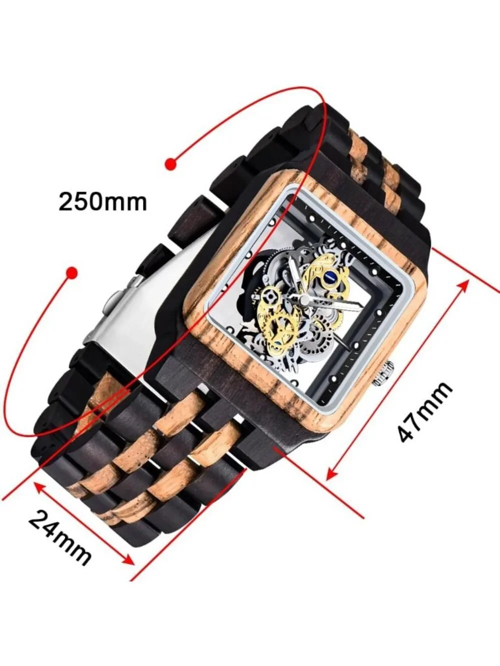 Men's Black Brown Square Skeleton Buckle Analog Quartz Classic Wooden Watch